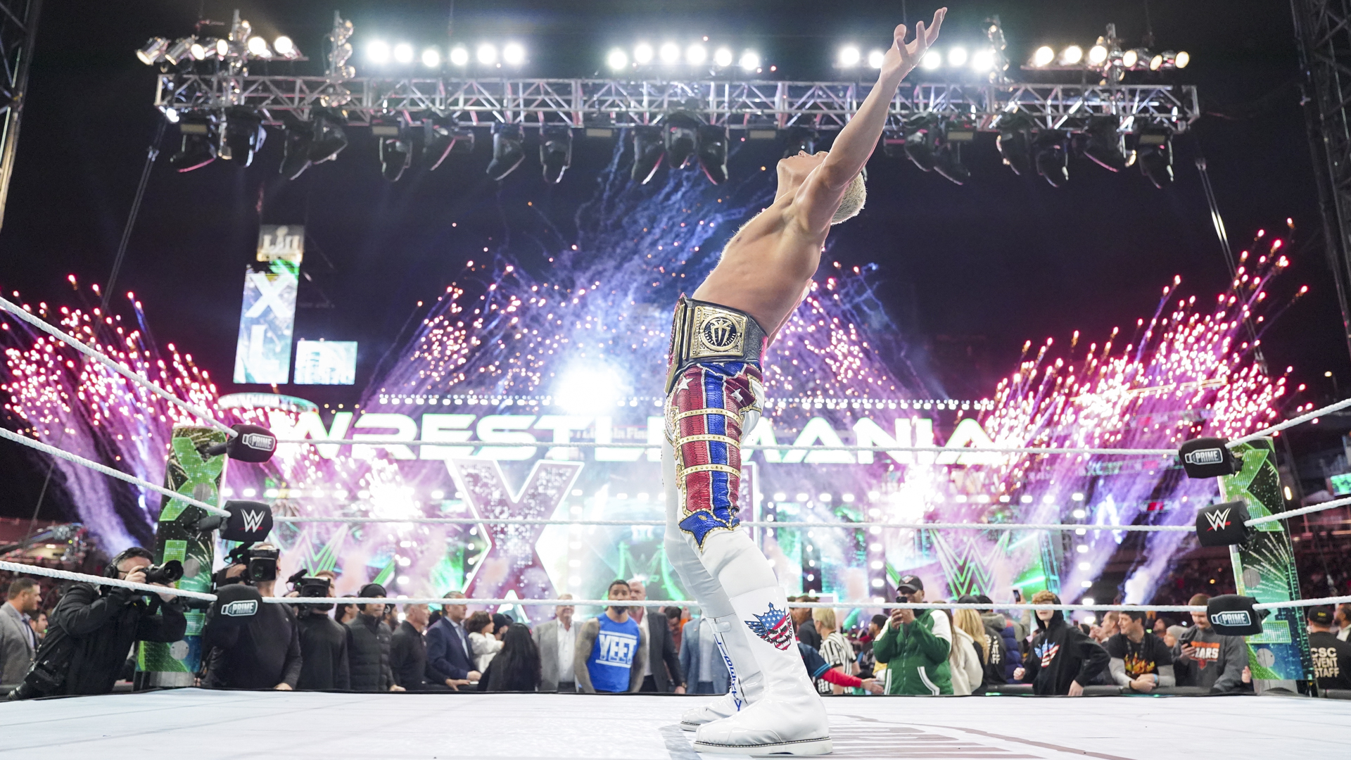Cody Rhodes Celebrating as Undisputed WWE Champion at Wrestlemania 40