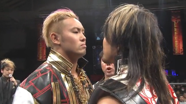 Kazuchika Okada staring down Hiroshi Tanahashi during one of the earliest encounters of their rivalry in NJPW.